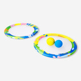 Flying Tiger Copenhagen racket set with balls for fun outdoor game, featuring colorful rackets and matching balls.