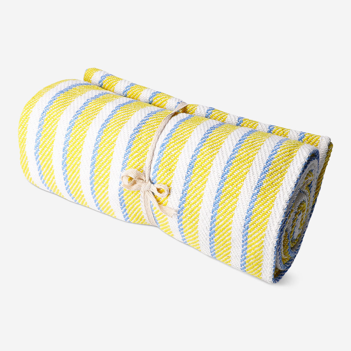 Flying Tiger Copenhagen throw blanket with yellow stripes and fringes, 120x170 cm, cozy home accessory with vibrant design.