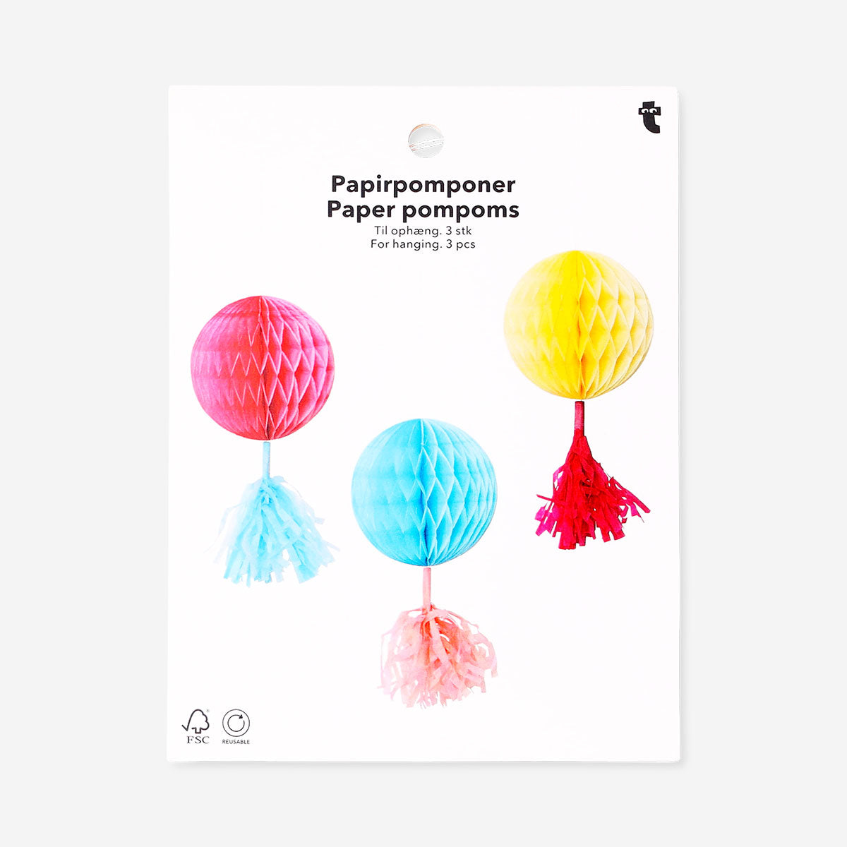 Three colorful paper pom poms for hanging, party decorations by Flying Tiger Copenhagen, bright and festive decor for celebrations.