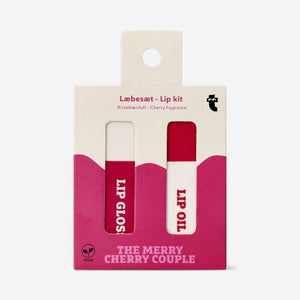 Flying Tiger Copenhagen cherry fragrance lip kit featuring lip balm and gloss in a stylish personal care set.