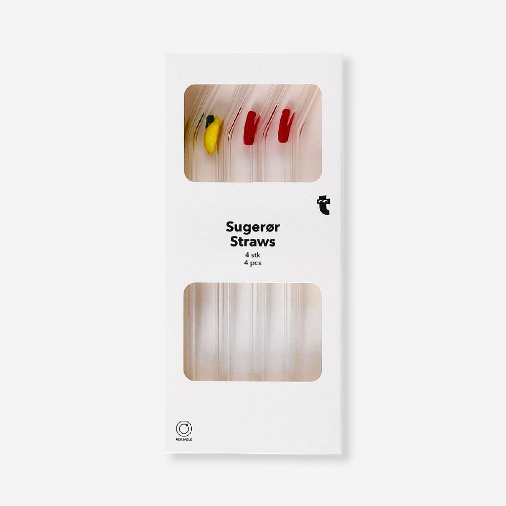 Set of four glass straws with fruit decorations from Flying Tiger Copenhagen, ideal for kitchen use and eco-friendly drinking.