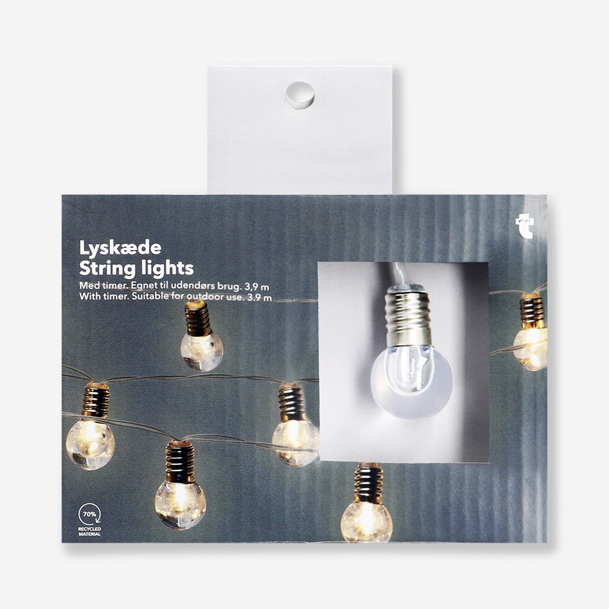 Outdoor string lights with clear bulbs from Flying Tiger Copenhagen, ideal for home outdoor decor and evening ambiance.