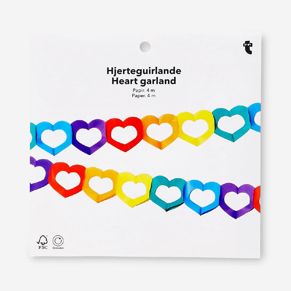 Rainbow heart cut out garland for parties, 300 cm long, with colorful heart shapes, by Flying Tiger Copenhagen.