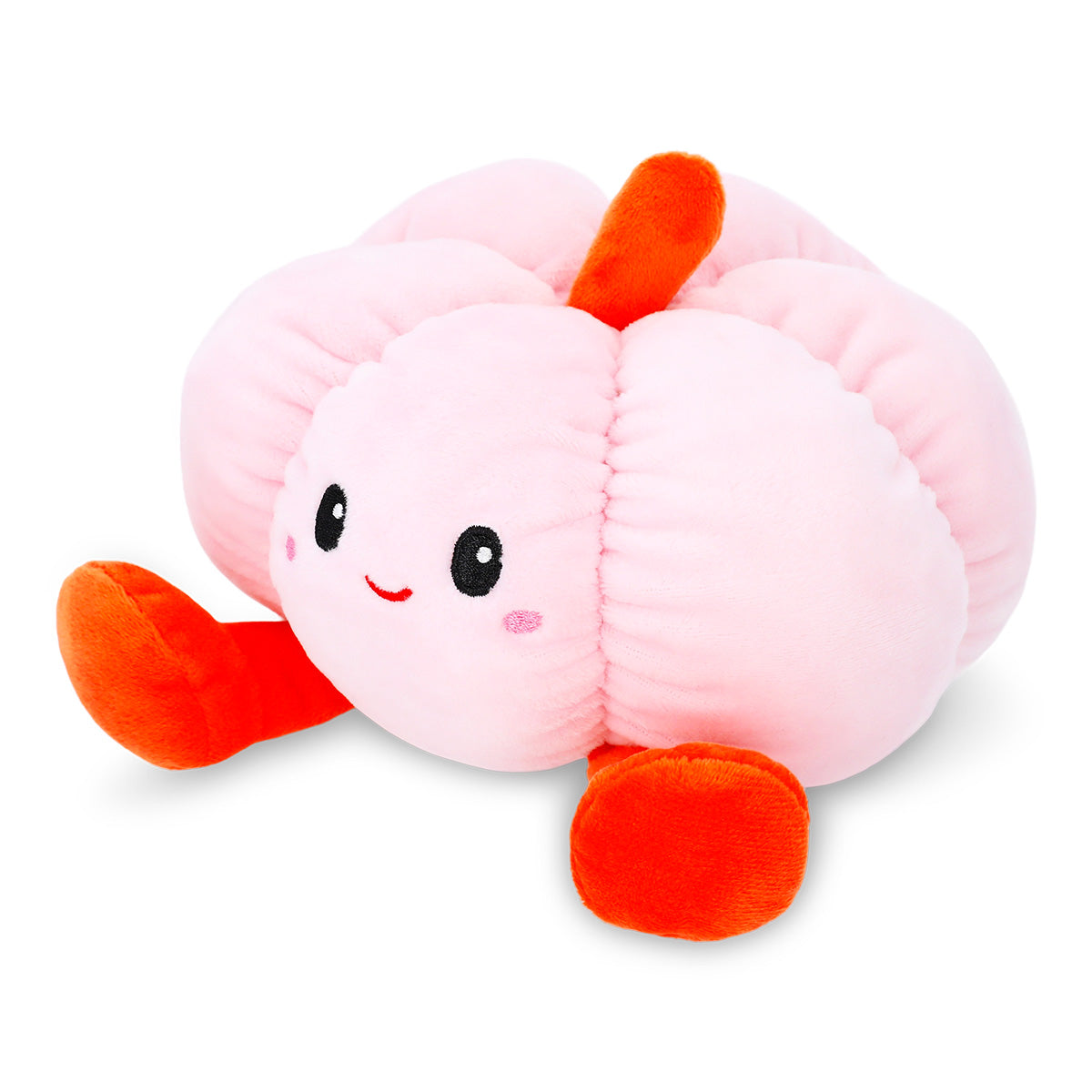 Flying Tiger Copenhagen plush toy featuring a smiling pumpkin with soft fabric and bright orange color.