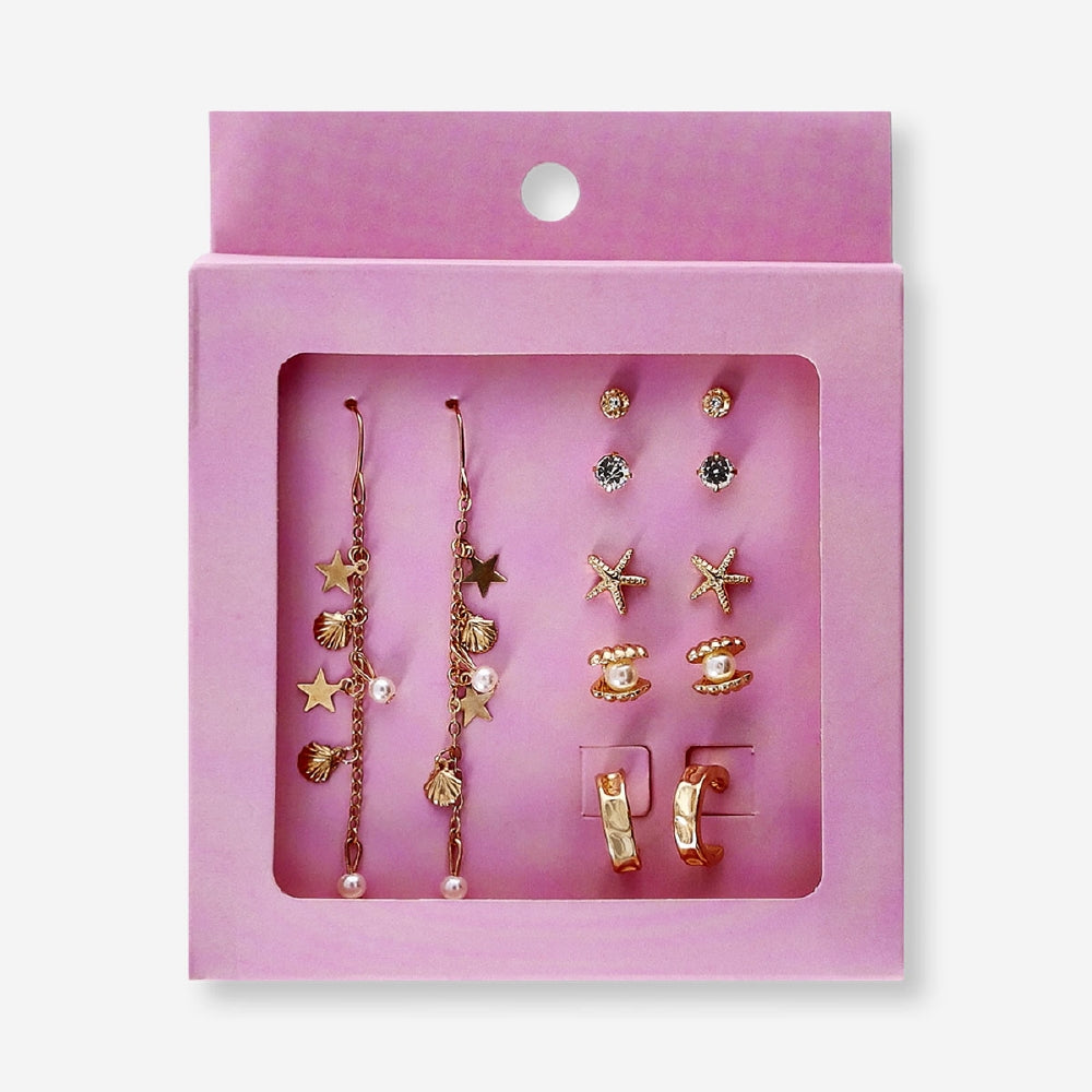Set of six textile earrings featuring sea icon designs from Flying Tiger Copenhagen, displayed on a neutral background.