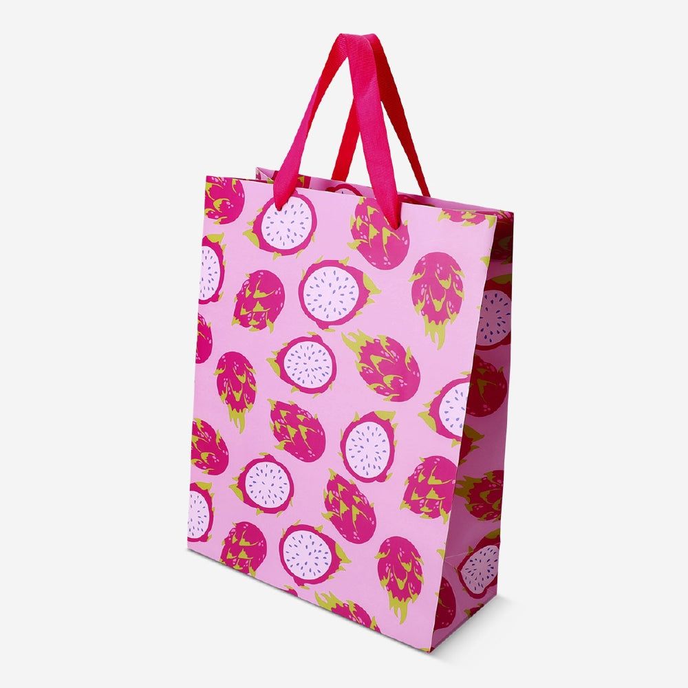 Office gift bag with vibrant dragon fruit print, 25x33 cm, by Flying Tiger Copenhagen, featuring colorful tropical fruit design.