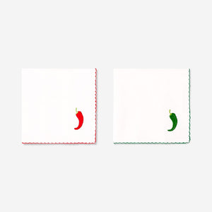 Set of two embroidered chili fabric napkins for home use, featuring colorful chili designs by Flying Tiger Copenhagen.