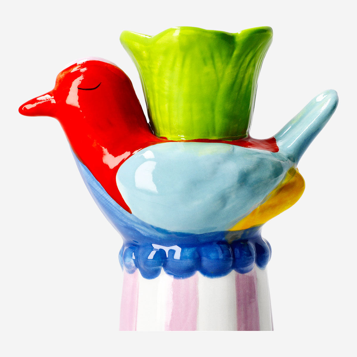 Ceramic bird candle holder with striped base, decorative home accessory from Flying Tiger Copenhagen, featuring a bird-shaped design.