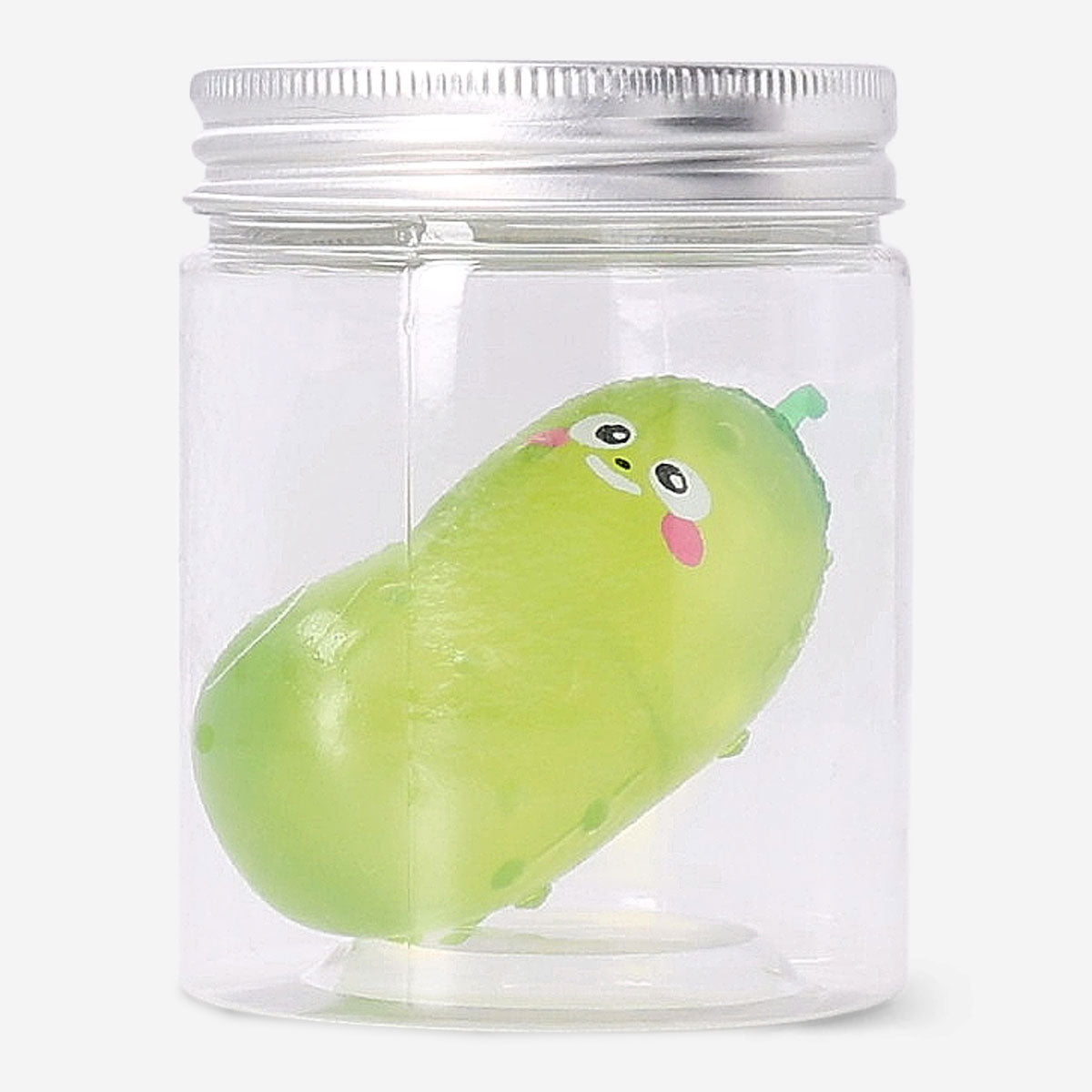 Flying Tiger Copenhagen Press Me Pickle gadget toy with a bright green, squeezable pickle shape and playful facial features.