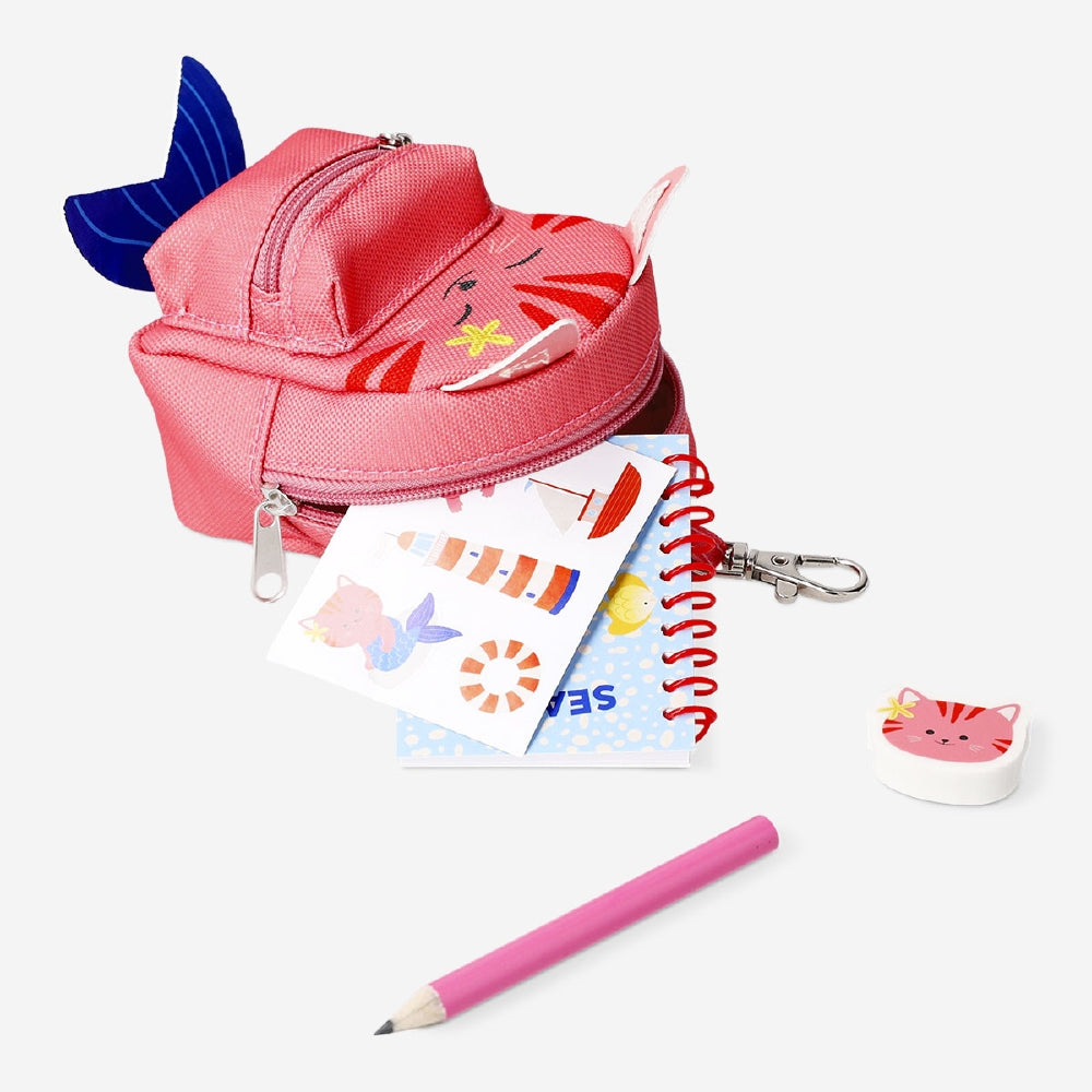 Flying Tiger Copenhagen stationery kit with a cute cat backpack design, ideal for office or school supplies organization.
