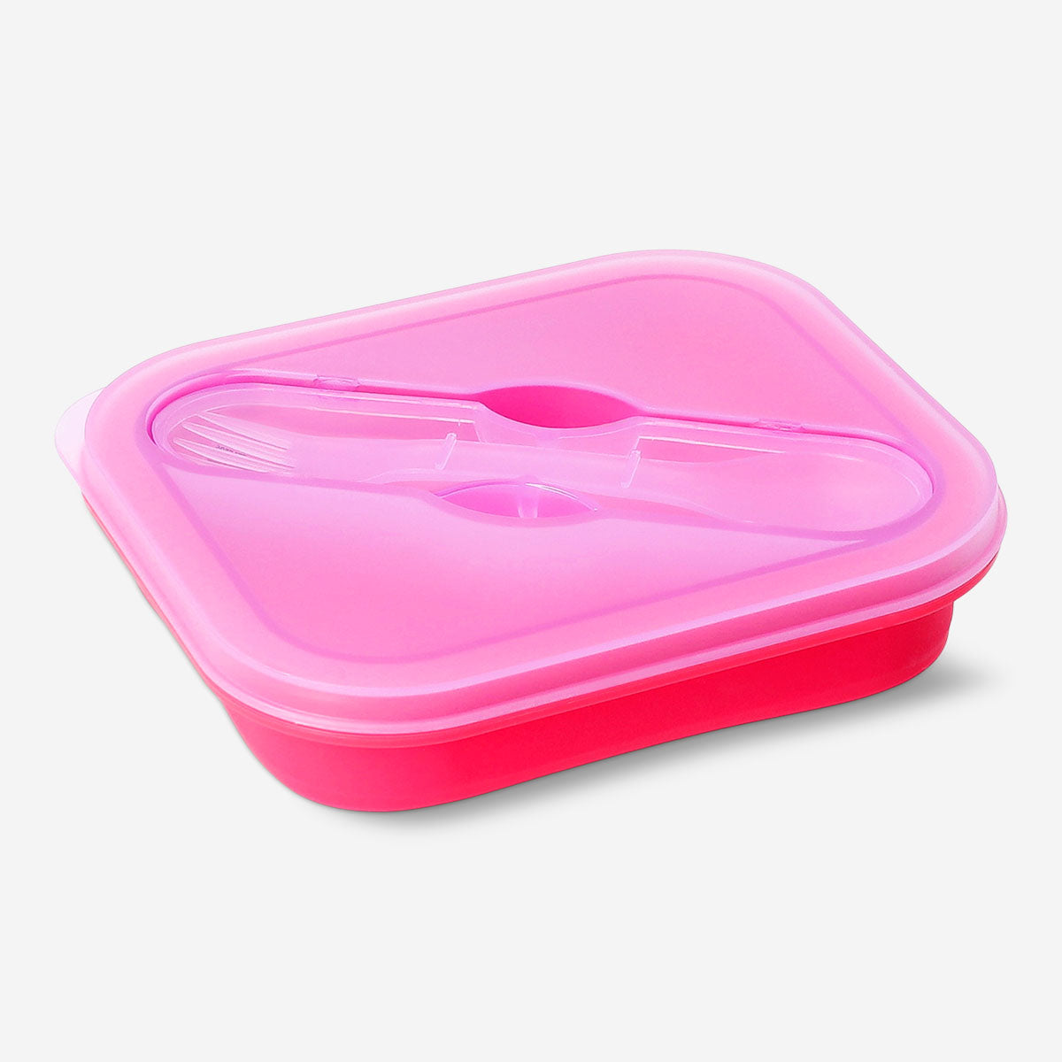 Red collapsible lunchbox with spork from Flying Tiger Copenhagen, 600 ml capacity, made of durable kitchen materials.