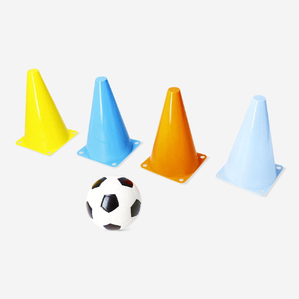 Flying Tiger Copenhagen football game with cones for outdoor play and sports activities.