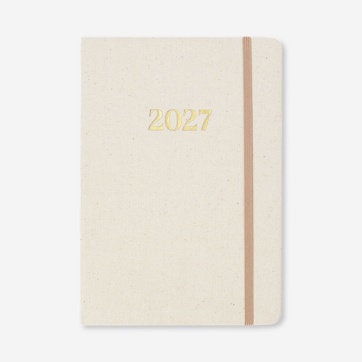 Flying Tiger Copenhagen A5 fabric cover daily diary 2027 in English, showing the textured fabric cover and compact office design.