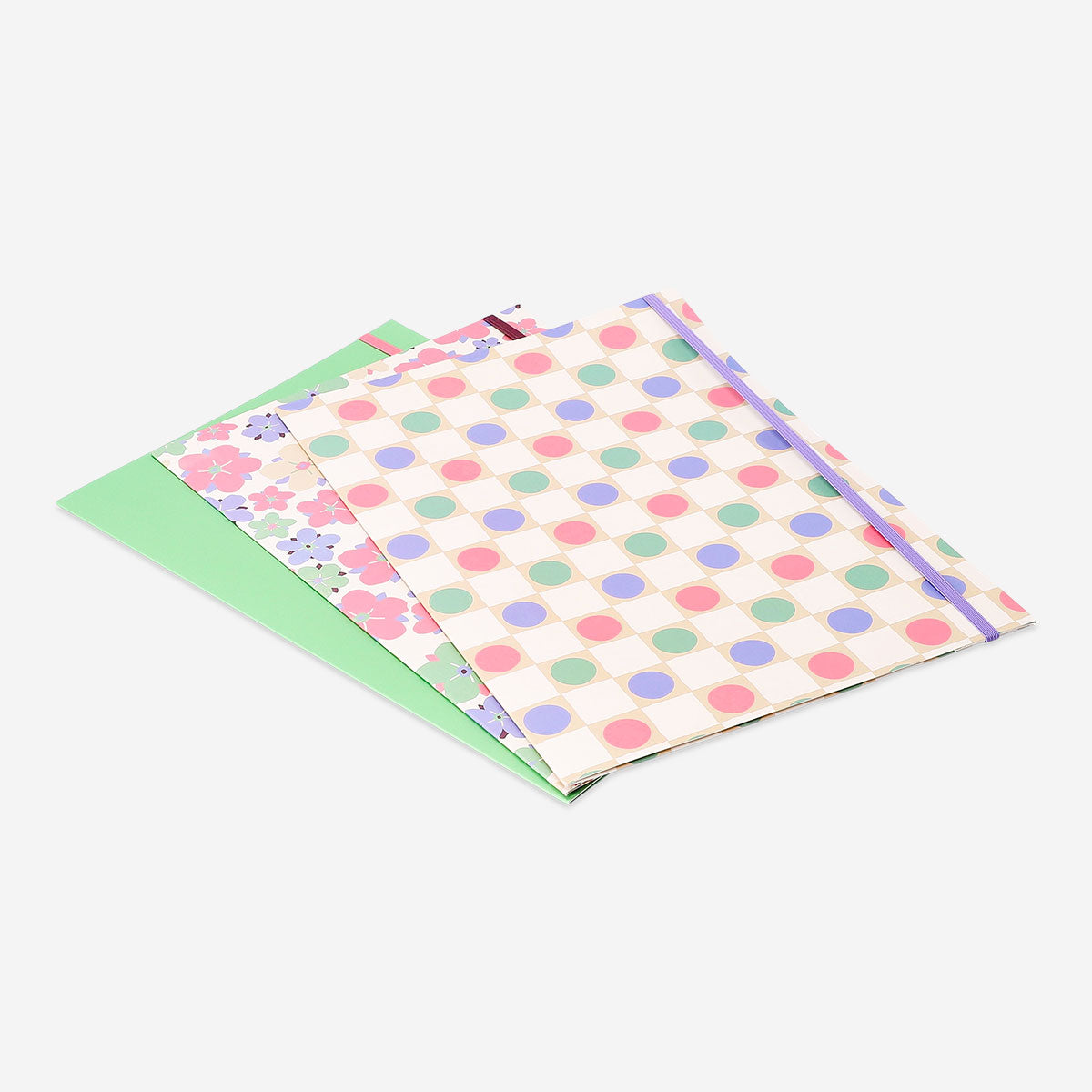 Set of three Flying Tiger Copenhagen A4 document folders with colorful prints, ideal for organizing office paperwork.