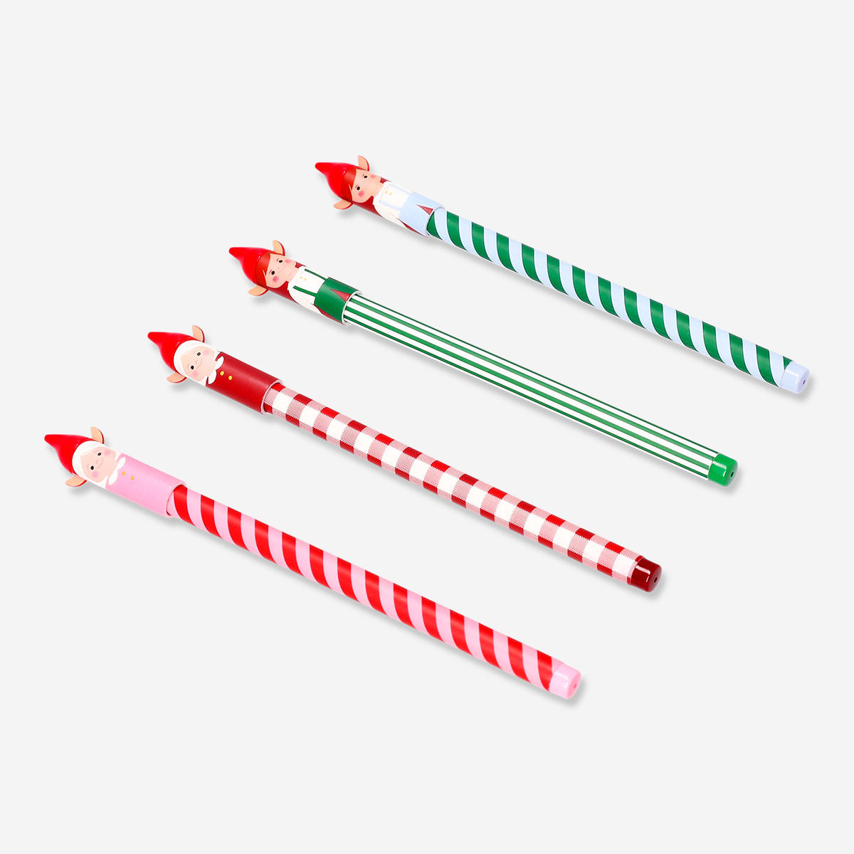 Set of four Glitter Gel Pens with colorful elf toppers from Flying Tiger Copenhagen, ideal for office or craft use.