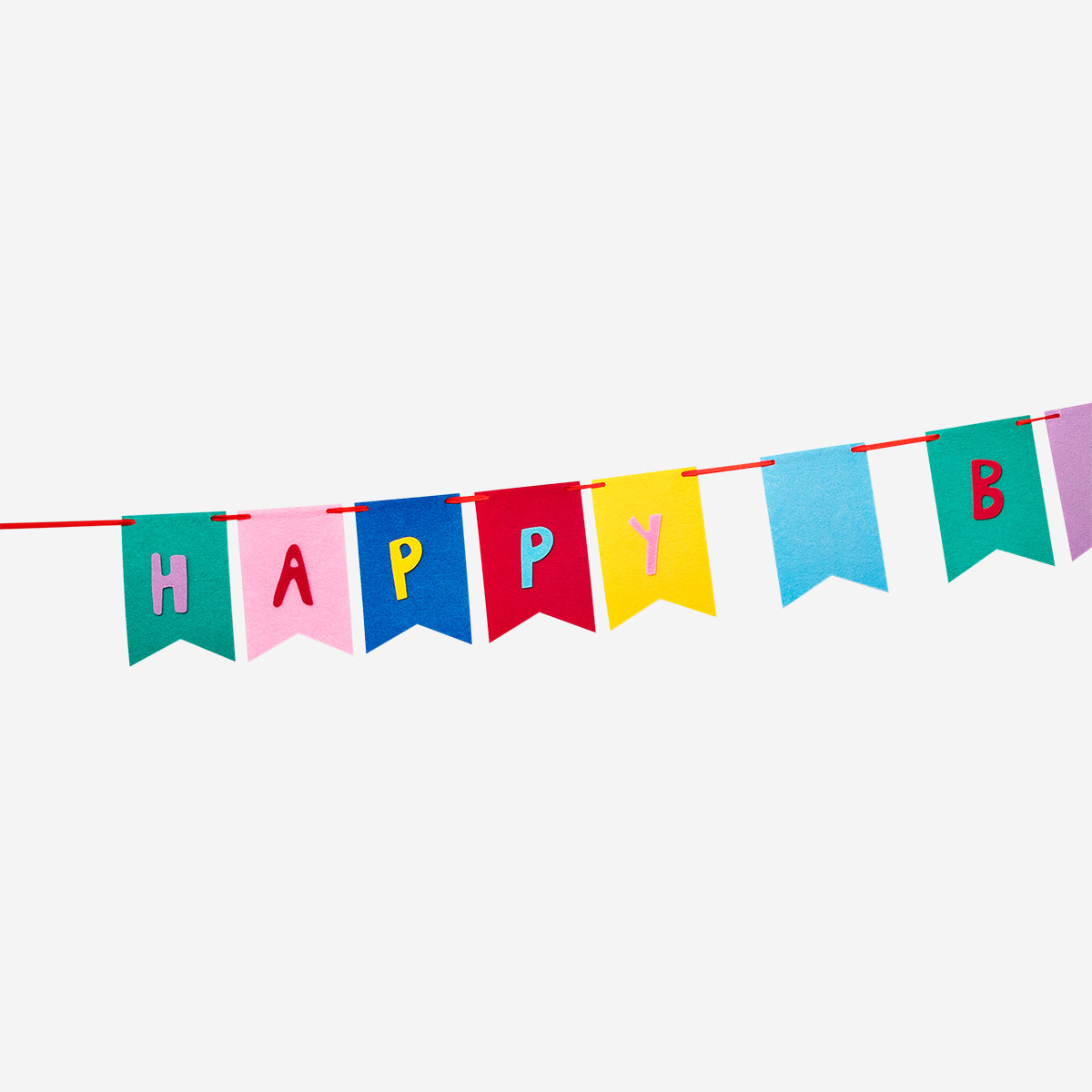 Colorful felt birthday garland with "Happy Birthday" banners, ideal for party decorations from Flying Tiger Copenhagen.