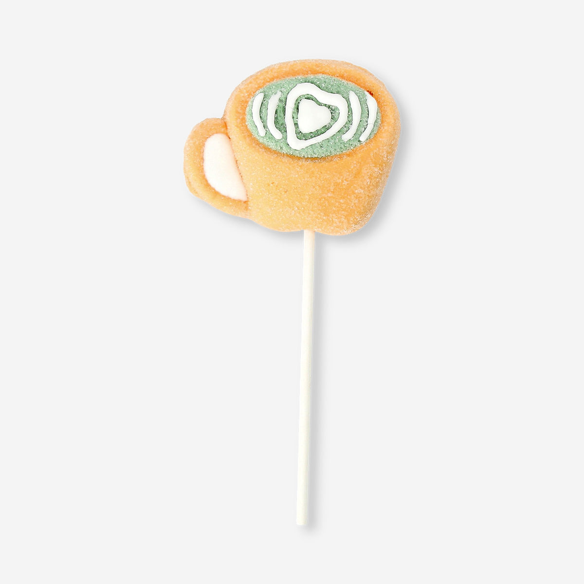 Marshmallow on a stick flavored with matcha latte from Flying Tiger Copenhagen, featuring a green tea-inspired treat.