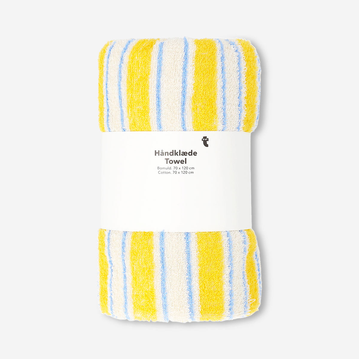 Yellow striped towel from Flying Tiger Copenhagen, 70x120 cm, soft cotton fabric perfect for beach or bath use.