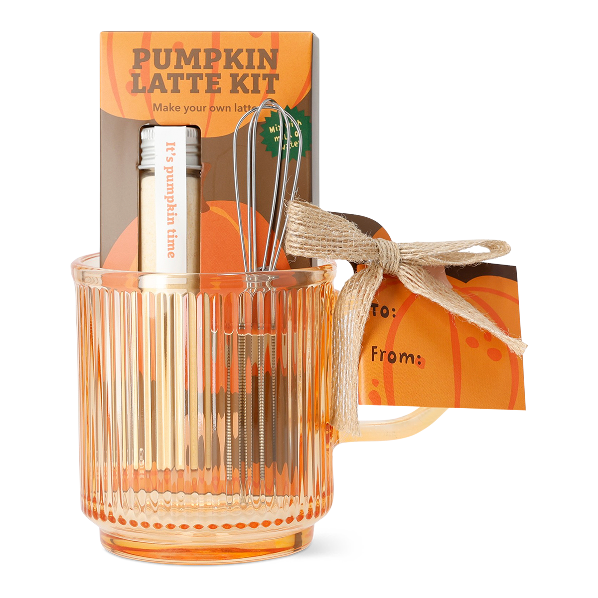 Pumpkin spice kit with mug, whisk, and pumpkin spice powder from Flying Tiger Copenhagen, perfect for autumn baking and drinks.