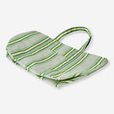 Green mesh shopper bag with striped textile design by Flying Tiger Copenhagen, showcasing its lightweight, breathable material.