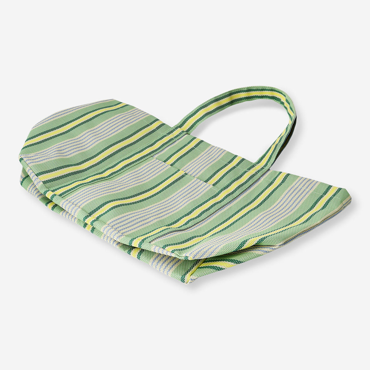 Green mesh shopper bag with striped textile design by Flying Tiger Copenhagen, showcasing its lightweight, breathable material.
