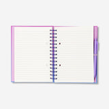 Gradient office notebook with Flying Tiger Copenhagen ballpoint pen and colorful page markers on open pages.