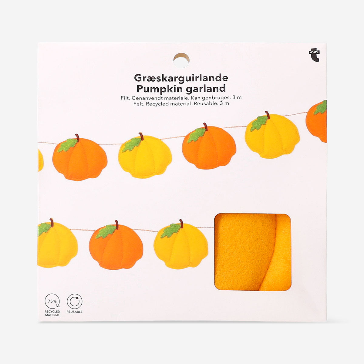 Felt pumpkin garland by Flying Tiger Copenhagen, 300 cm long, perfect for festive party decorations with orange and brown pumpkin shapes.