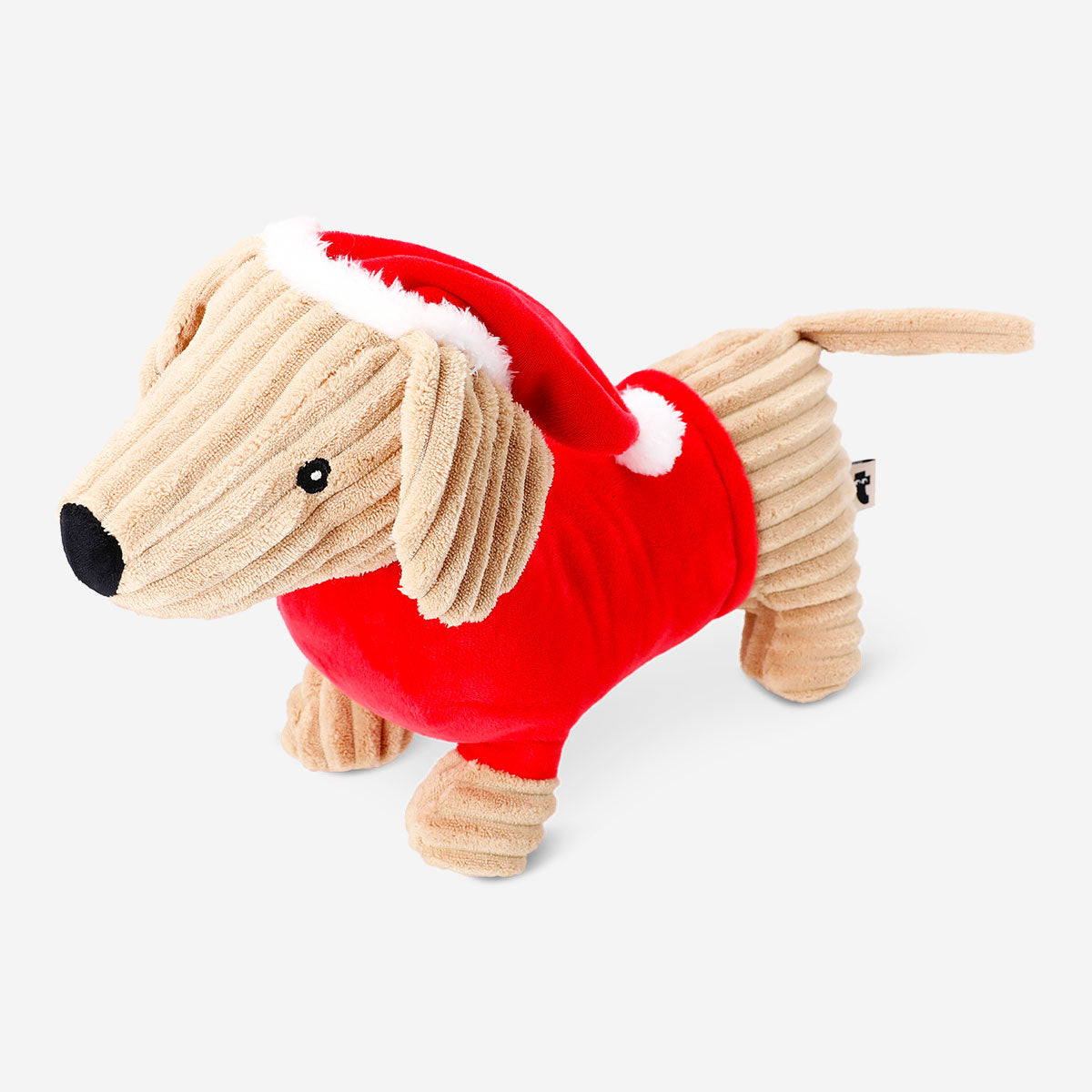 Flying Tiger Copenhagen plush Christmas sausage dog toy with soft fabric and festive holiday design, perfect for cuddling.