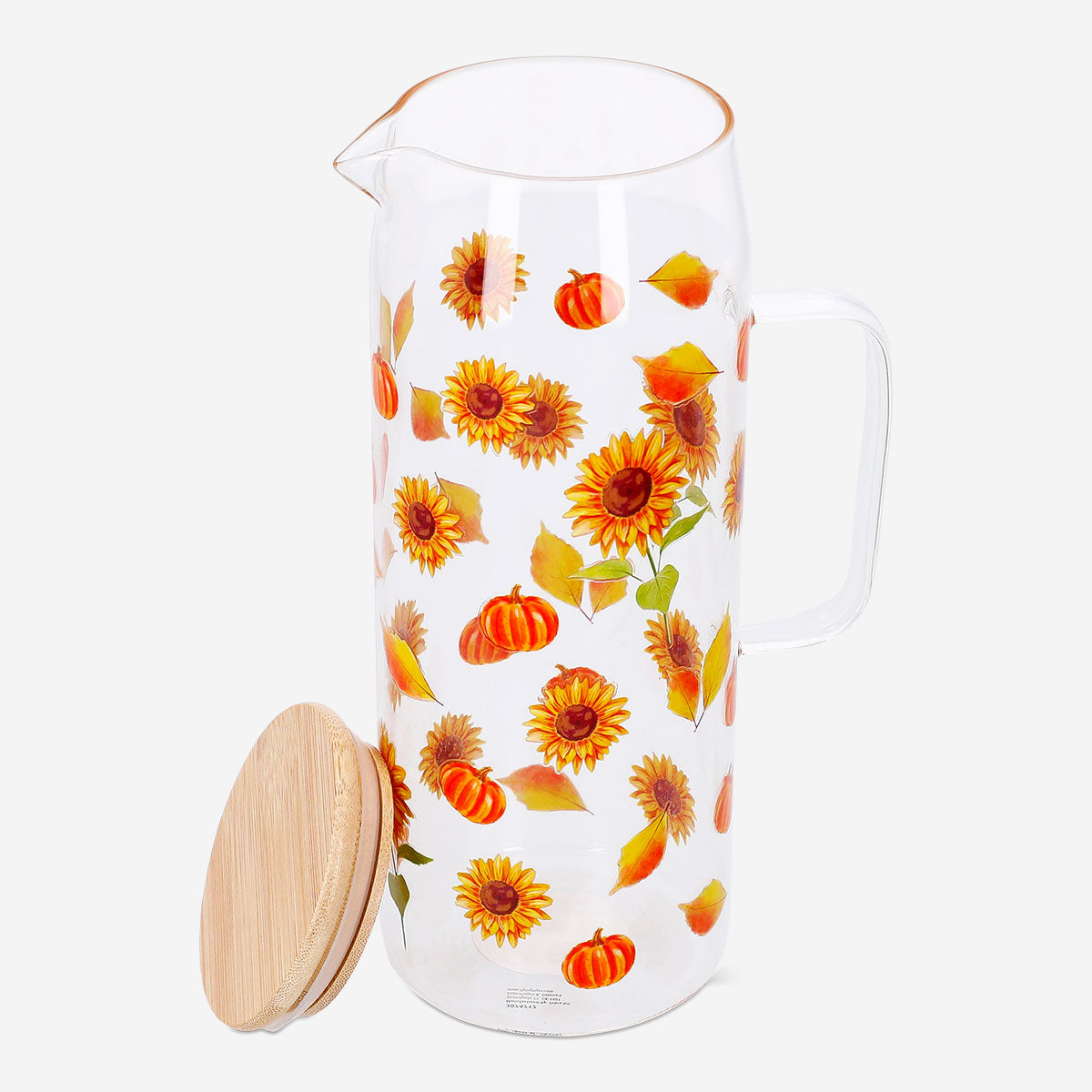 Glass jug with sunflower print, 1.15L, from Flying Tiger Copenhagen, featuring a clear design and vibrant sunflower pattern.