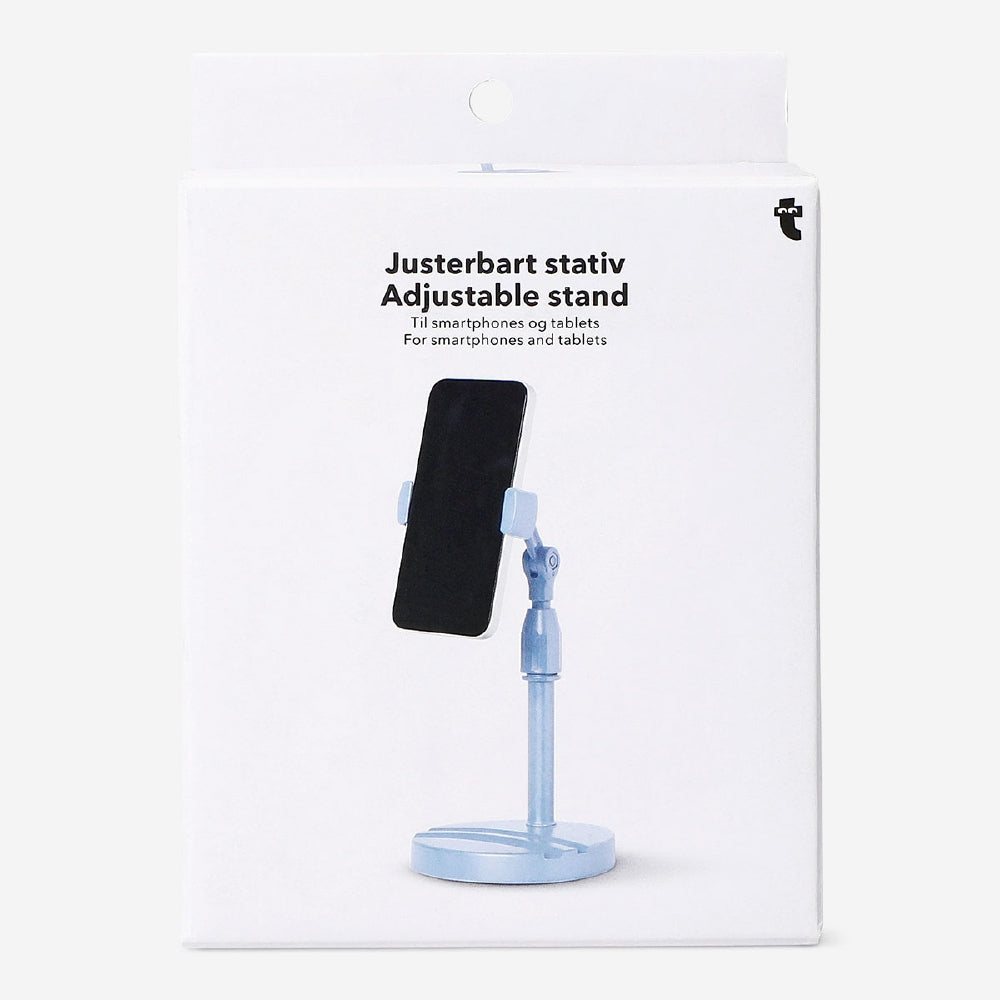 Blue adjustable stand for smartphones and tablets, Flying Tiger Copenhagen media accessory, supporting device viewing.