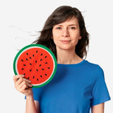 Foldable watermelon print textile fan by Flying Tiger Copenhagen, featuring vibrant fabric and compact design for easy cooling.