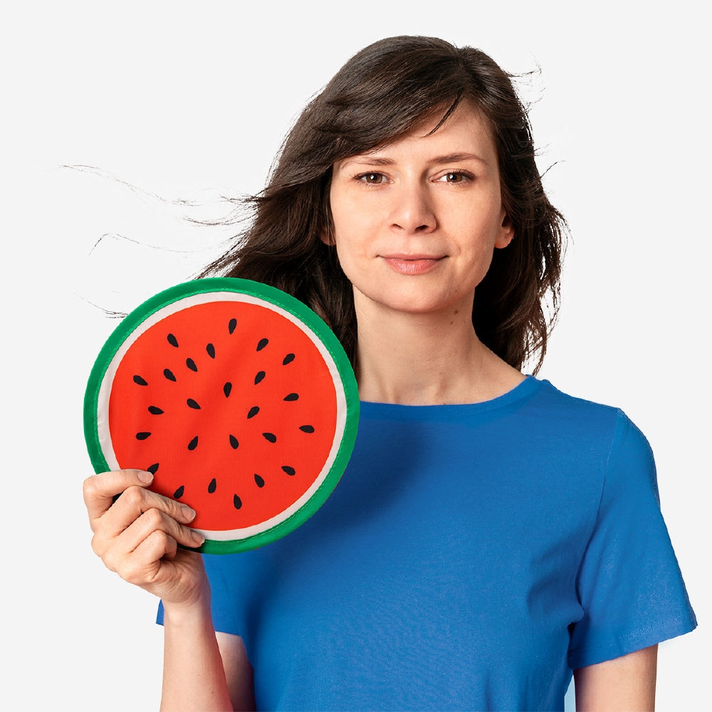 Foldable watermelon print textile fan by Flying Tiger Copenhagen, featuring vibrant fabric and compact design for easy cooling.