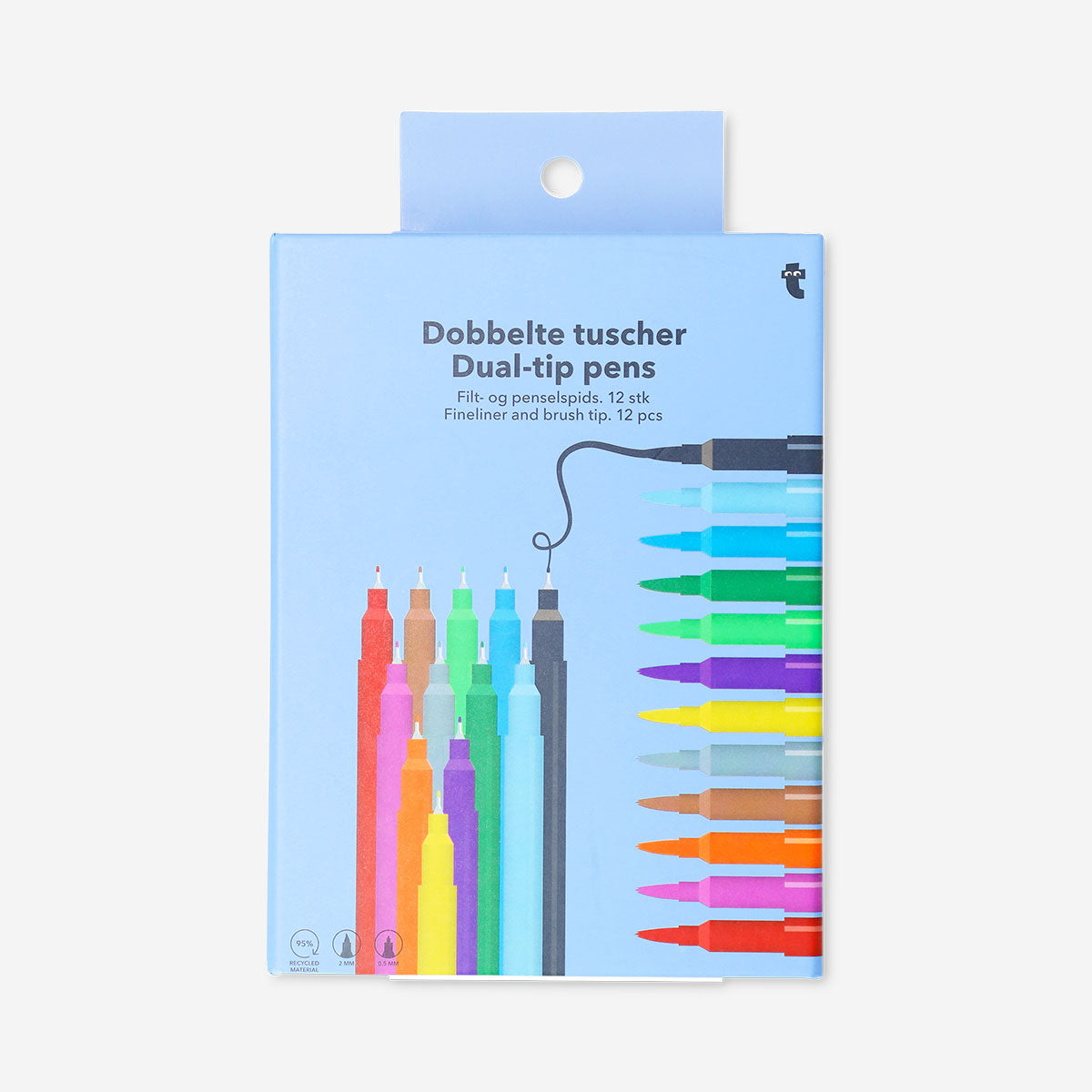 Set of 12 Flying Tiger Copenhagen dual tip pens with fineliner and brush tips, ideal for office or artistic writing and drawing.