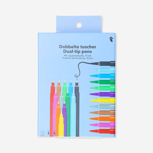 Set of 12 Flying Tiger Copenhagen dual tip pens with fineliner and brush tips, ideal for office writing and drawing.