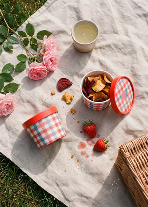 Pair of chequered paper snack bowls with lids for parties, by Flying Tiger Copenhagen, showing the bowls with lids on a table.