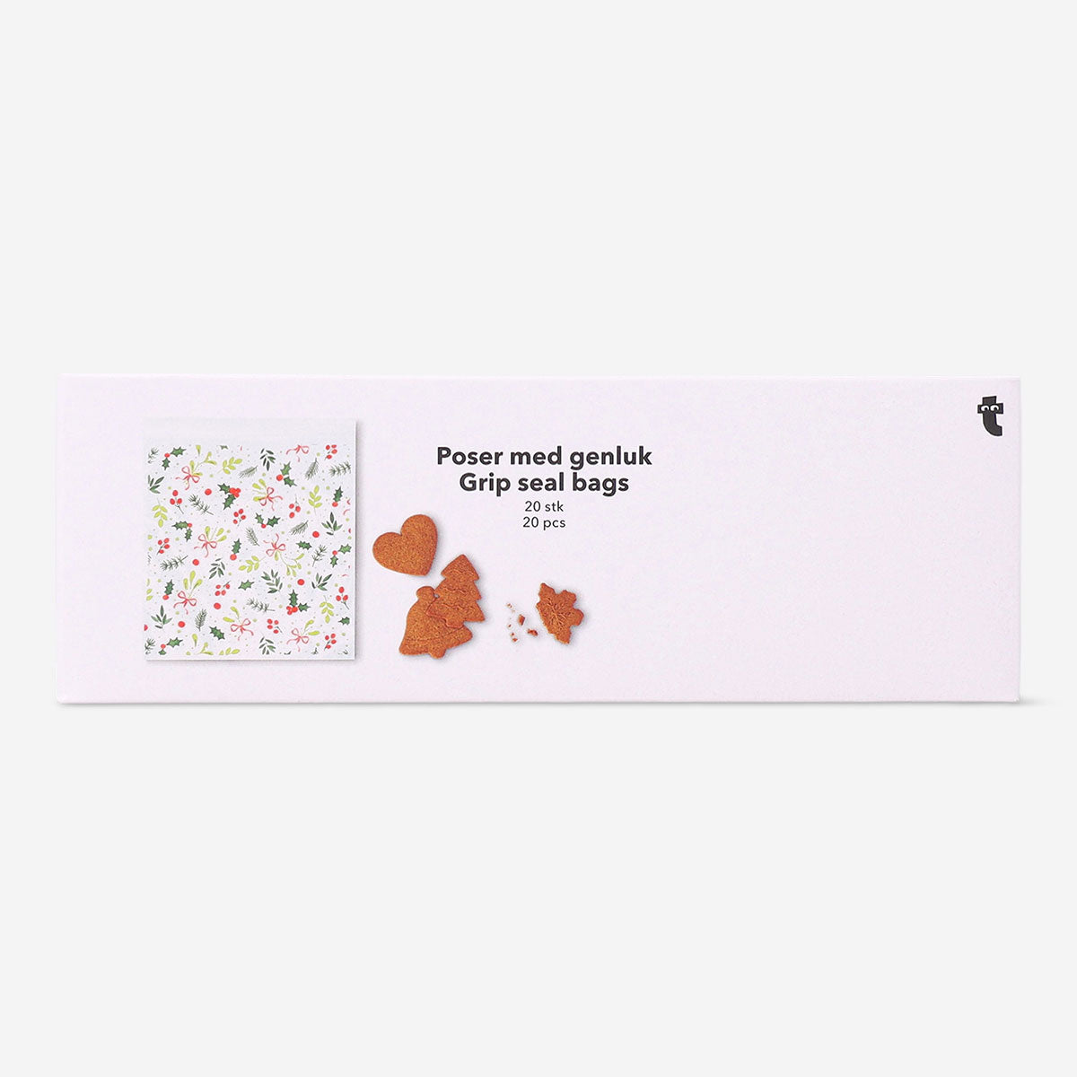 Set of 20 Christmas print grip seal bags for kitchen use, featuring festive holiday designs by Flying Tiger Copenhagen.