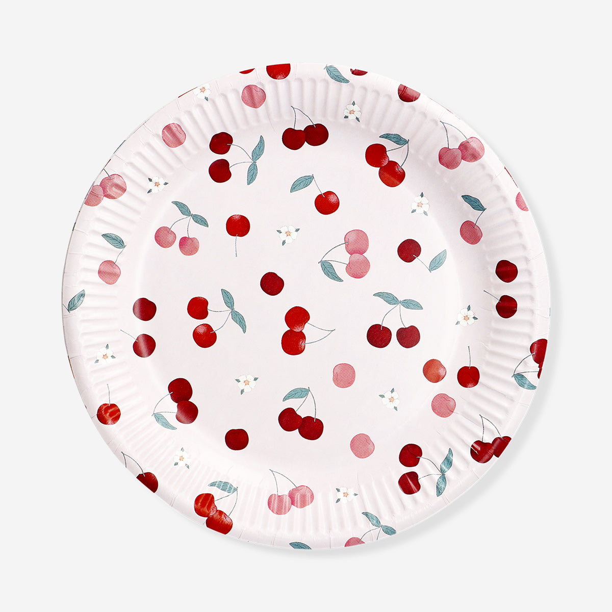 Set of 8 Flying Tiger Copenhagen paper party plates with cherry print, perfect for celebrating with colorful tableware.