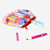 Set of 10 Flying Tiger Copenhagen office markers in a seashell-patterned pouch, displayed on a clean desk surface.