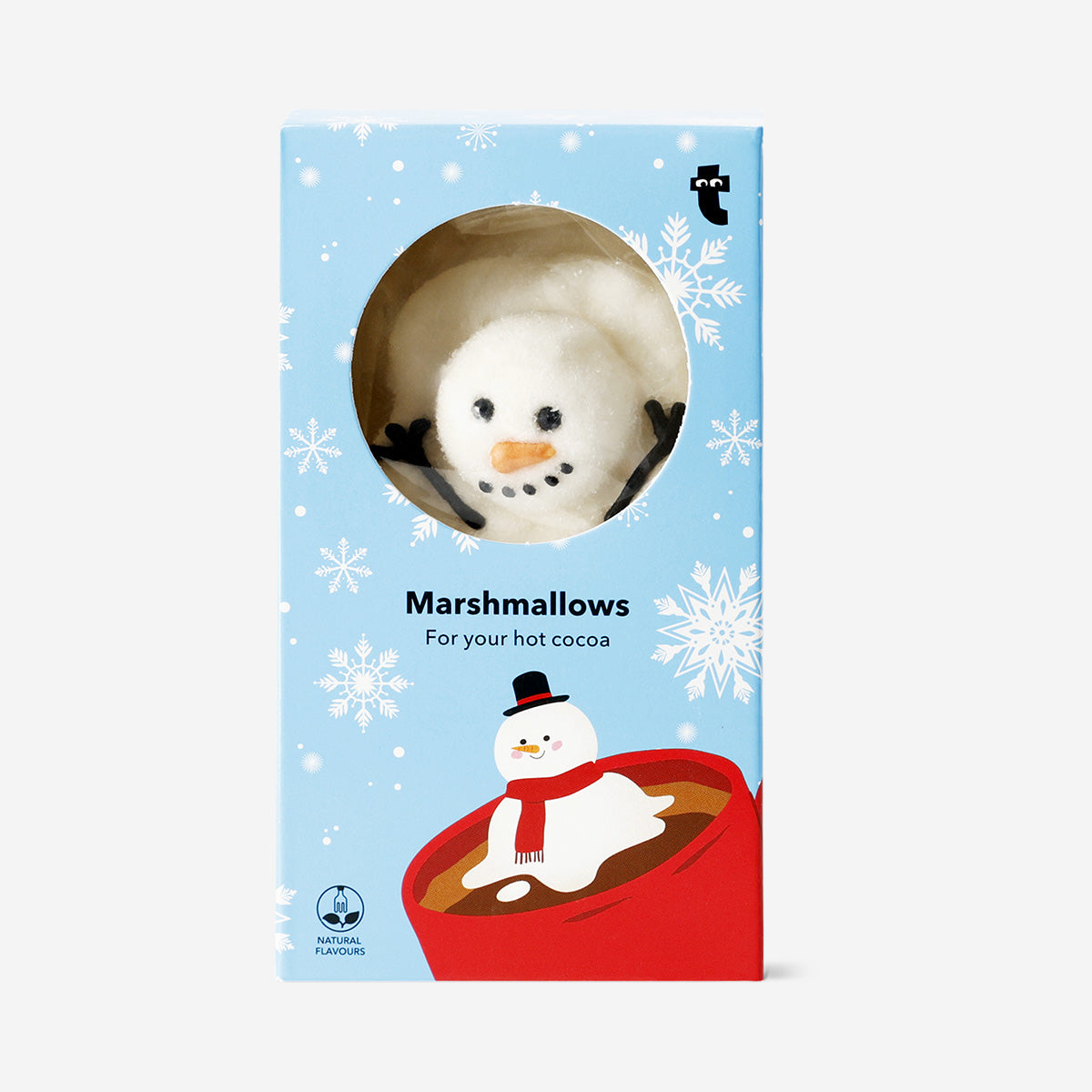 Flying Tiger Copenhagen snowman marshmallows for hot chocolate, cute holiday-themed food treats with white and orange details