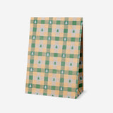 Three Flying Tiger Copenhagen paper gift bags with checkered pattern, ideal for office gift wrapping, set of three.