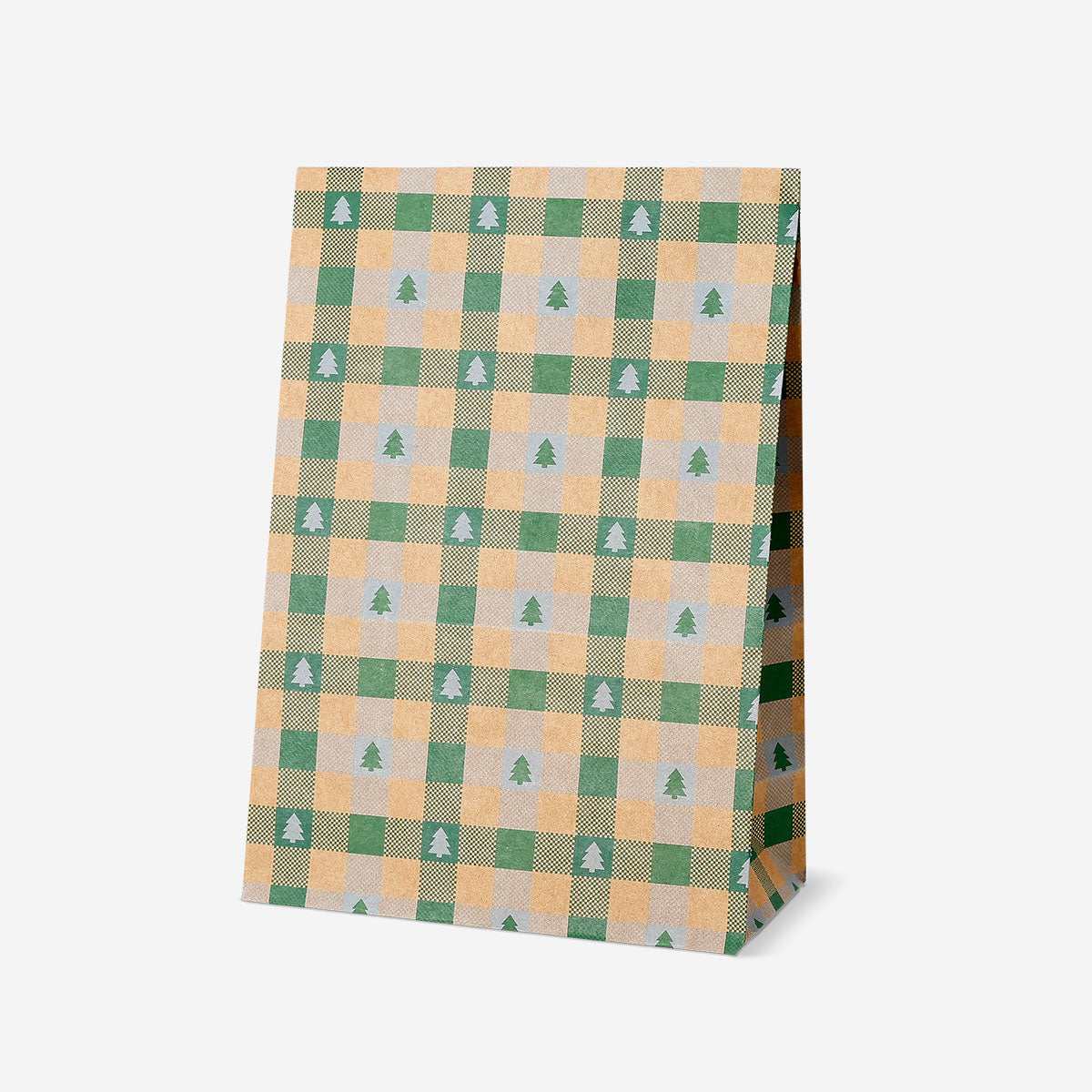Three Flying Tiger Copenhagen paper gift bags with checkered pattern, ideal for office gift wrapping, set of three.