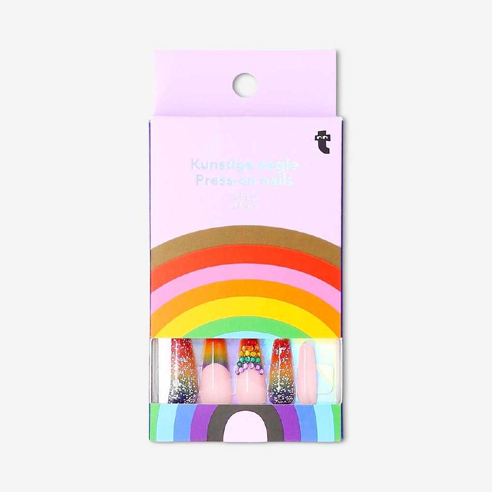 Flying Tiger Copenhagen rainbow rhinestone press-on nails, colorful and stylish personal care nails with sparkling rhinestones.