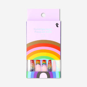 Flying Tiger Copenhagen rainbow rhinestone press-on nails with colorful, shiny nail tips for a stylish personal care look.