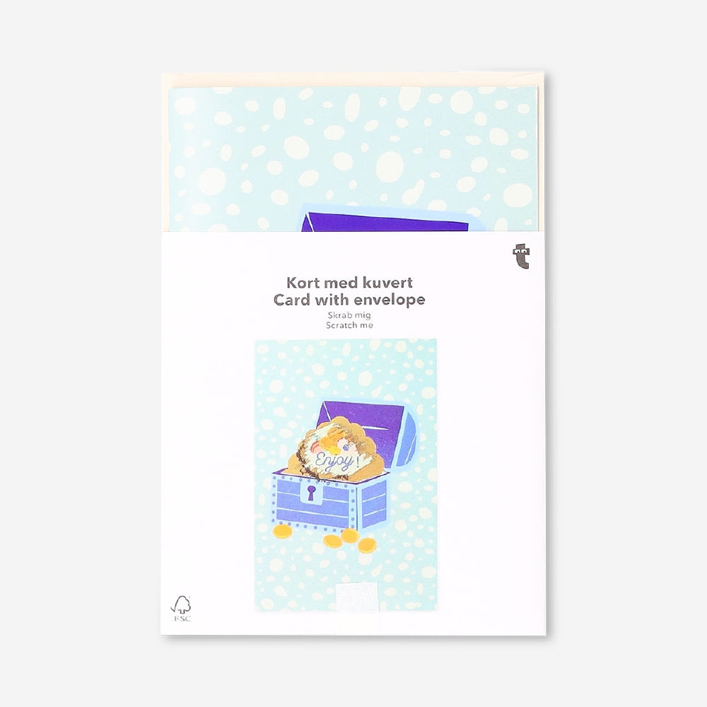 Flying Tiger Copenhagen office greeting card featuring a treasure chest design with a scratch-off feature for a fun surprise.