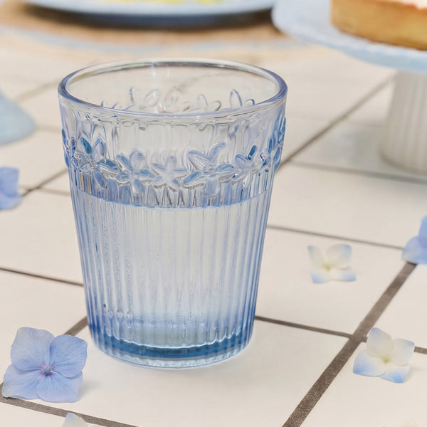 Blue Drinking Glass 350ml with Embossed Floral Design – Flying Tiger  Copenhagen