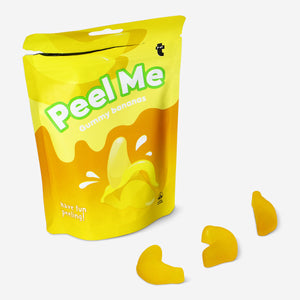 Flying Tiger Copenhagen Peelers Candy Banana flavor, colorful banana-shaped chewy candies on a white background.