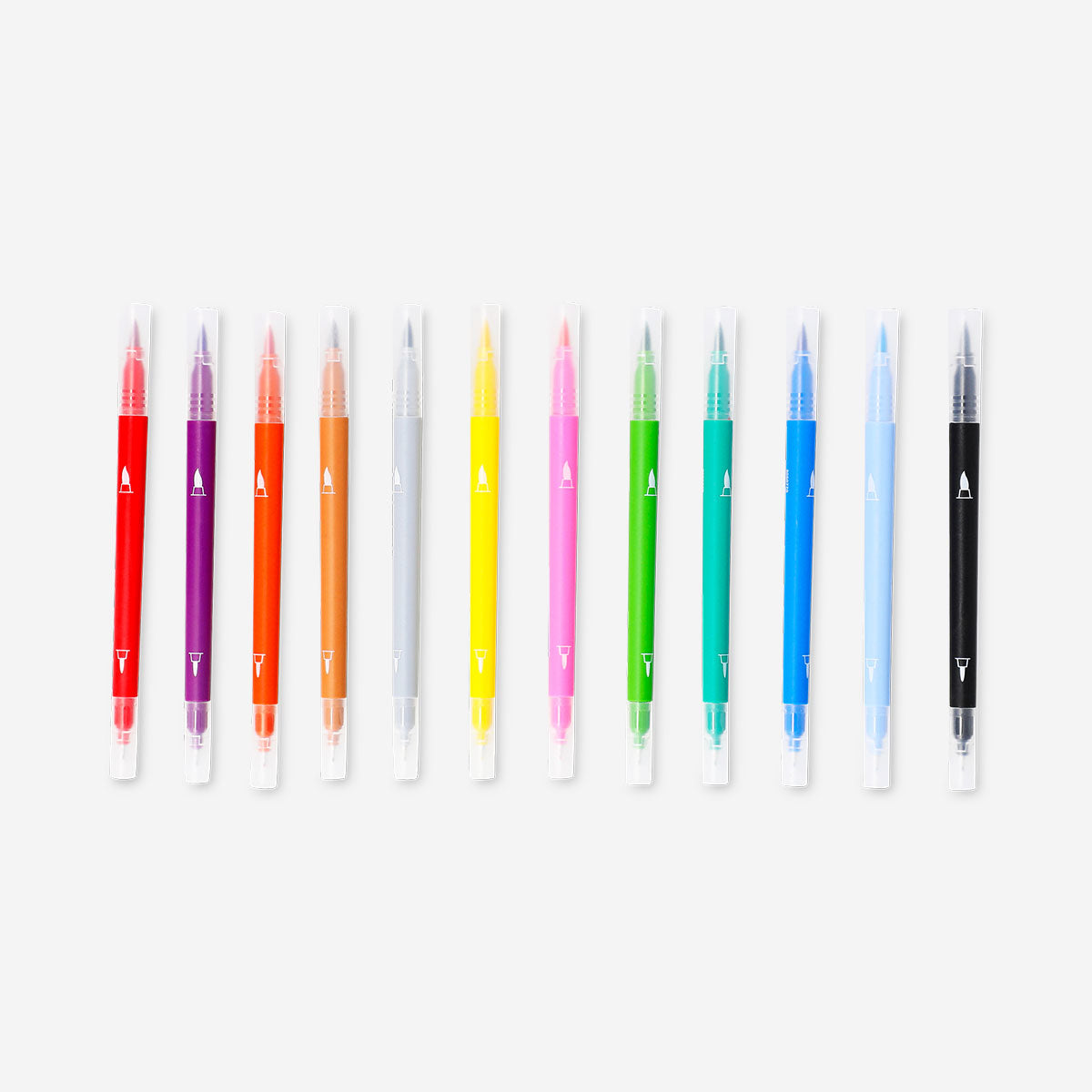 Set of 12 Flying Tiger Copenhagen dual tip pens with fineliner and brush tips, ideal for office and creative use.