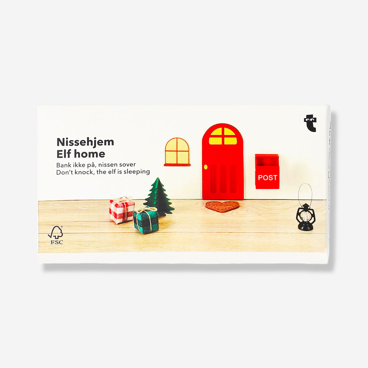 Seven-piece wooden elf home set by Flying Tiger Copenhagen, featuring charming elf figures and miniatures for decorative display.