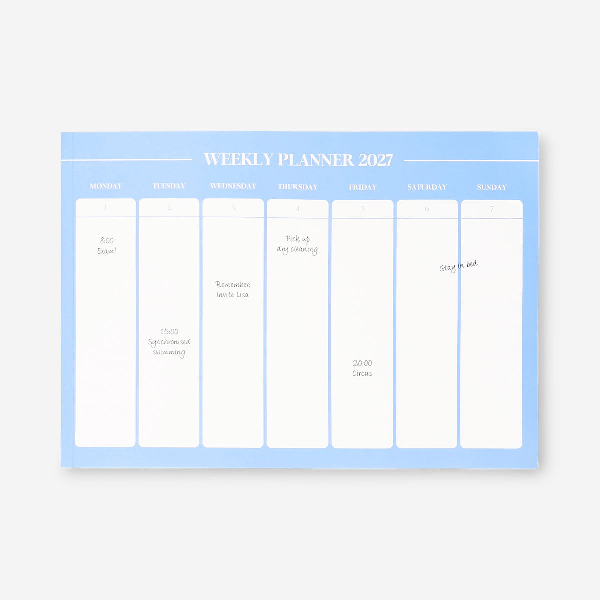 Blue A4 weekly planner by Flying Tiger Copenhagen, open to show pages with dates and planning layout.