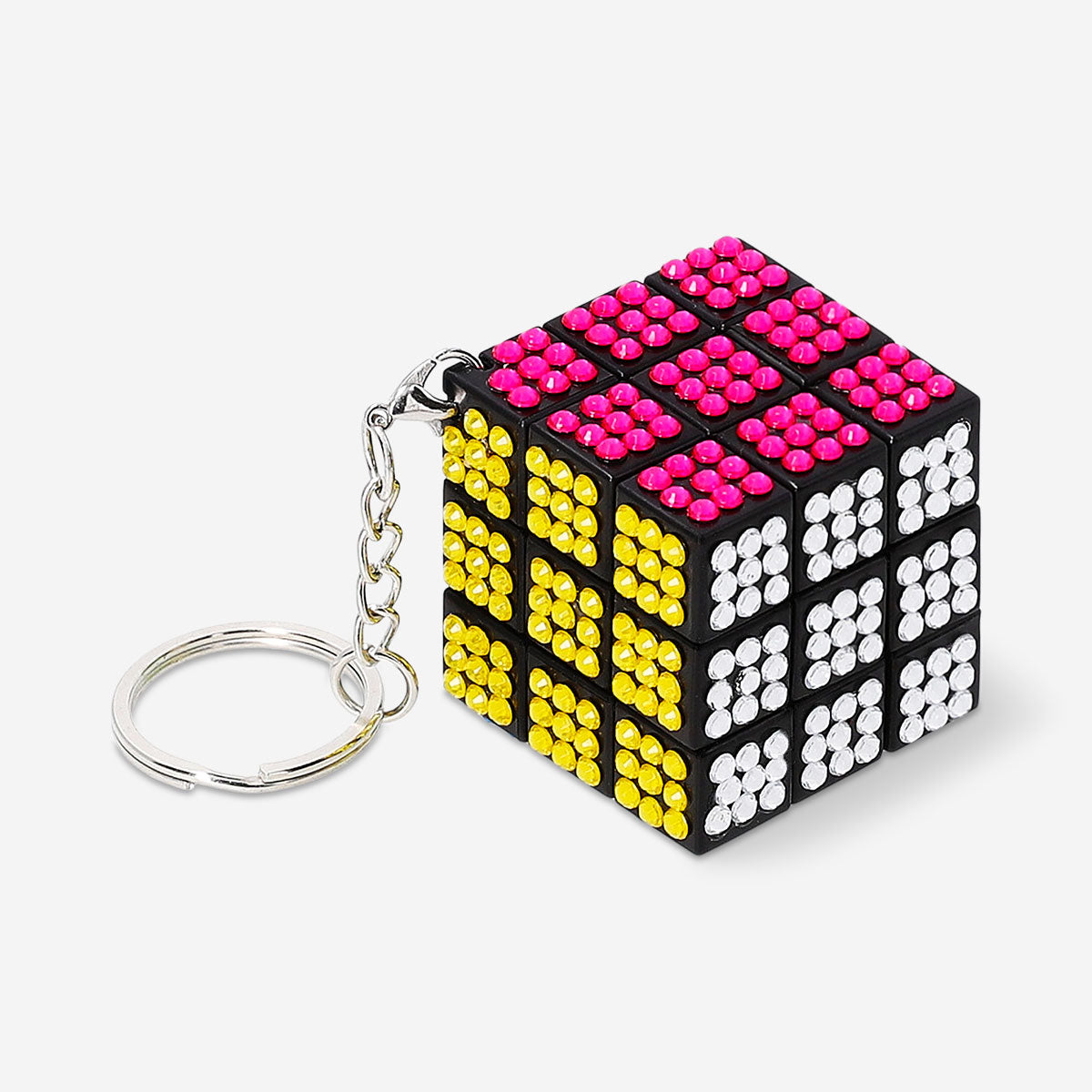 Flying Tiger Copenhagen IQ Cube keyring featuring a small, colorful cube game toy attached to a metal keyring.